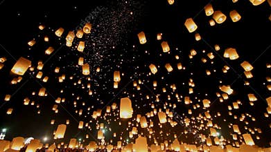 Floating lanterns in Yee Peng Festival, Loy Krathong celebration in Chiangmai, Thailand. Uprisen wide angle view.