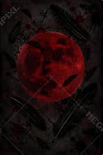 Gothic Blood Moon Illustration with Falling Black Feathers and Dark Crimson Splatters