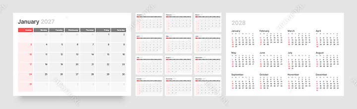 Monthly calendar layout for 2027. Planner diary.