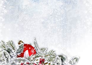 Christmas decorations on snow ice background