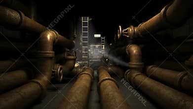 Basement in factory or any industrial building . Dark and horror tunnel with old and rusty piping system.