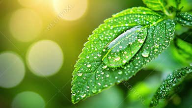 Fresh Green Mint Leaf with Clear Morning Dew Drops