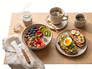 A healthy breakfast with granola yogurt bowl avocado toast and chamomile tea sits prepared on a wooden table at home