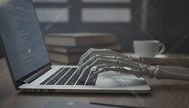 Robotic skeletal hands typing on a laptop keyboard, with a stack of books and a coffee cup visible in a modern workspace setting