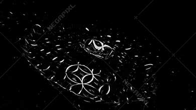 Abstract 3D field of dark metallic patterns and spreading circular waves with glossy reflections