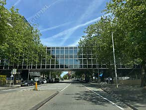 Glass office bridge crossing quiet city street beside leafy trees, parked cars