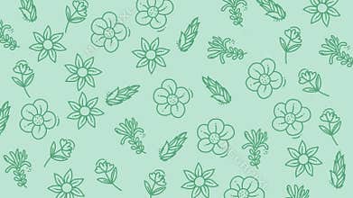 Hand drawn floral shapes repeating line art patterns soft light green.