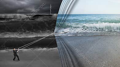 businessman pulling open calm sea curtain covered dark stormy ocean
