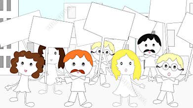 Demonstration, rally people with placards in the city, animation