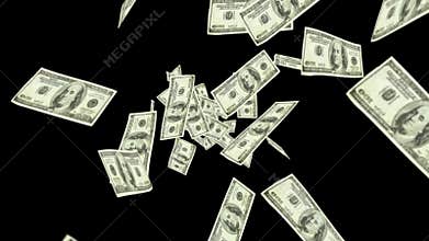 Dollar bills falling on black background