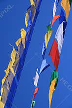 Prayer flags are floatting in the sky in Bhutan