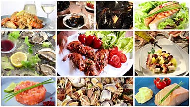 Seafood dishes collage