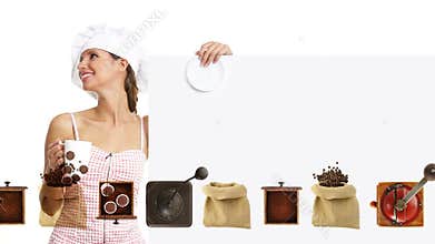Chef woman showing indicate billboard with cup, coffee promotion
