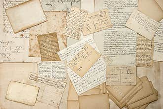 Old letters, handwritings, vintage postcards. Grungy paper texture