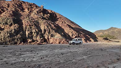 Off-road suv cars convoy safari in marsa alam egyptian desert canyon