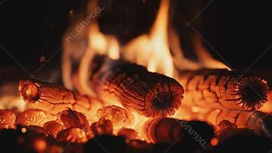 Glowing Embers and Burning Wood Fire Close Up
