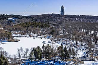 Early Spring Snow - View of the Tower at Jingyuetan National Forest Park, Changchun, China
