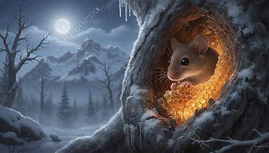 wood mice licking honey comb inside tree hollow at night in winter season