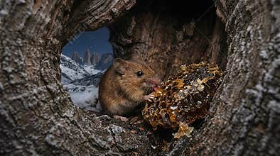 wood mice licking honey comb inside tree hollow at night in winter season