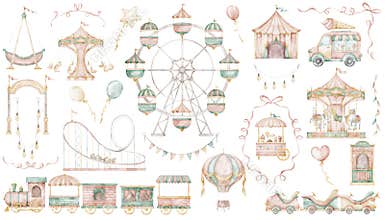 Amusement park watercolor illustrations set with Ferris wheel and Carousel in soft pastel colors. Clipart with air balloon