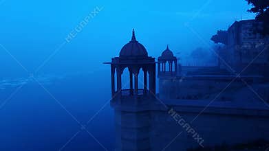 Foggy Morning at Brahmand Ghat Mathura on Yamuna River, Historic Pavilion and Spiritual Riverside Scene