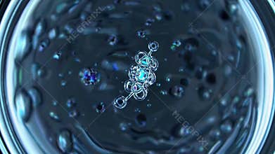 Detailed Microstructure Within Liquid. Floating Molecular Clusters With Glowing Cores. Precise Visualization Of