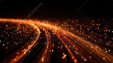 Abstract glowing orange strands with shimmering bokeh lights create a sense of fast-moving energy flowing through darkness