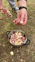 Close-up of hands threading marinated meat onto skewer for barbecue. Outdoor cooking process