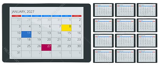 2027 calendar template and compact date rows. Clean annual 2027 planner concept for office organization, schedule