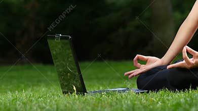 Young woman yoga in the park working on a laptop
