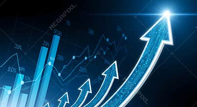 Business growth and success concept with blue glowing arrows and charts representing financial increase and market trends analysis
