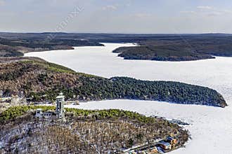 Early Spring Snow - View of the Tower at Jingyuetan National Forest Park, Changchun, China
