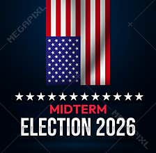 United States midterm election 2026 poster with American flag design stars and white bold typography on a dark blue