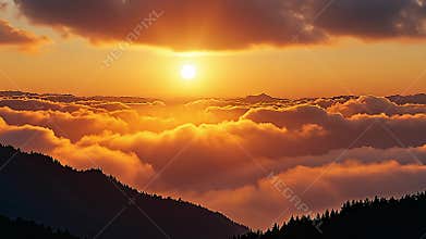 Time-lapse of a golden sunrise over mountains covered with clouds, illuminating