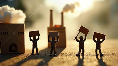 Miniature activists with signs protesting near smoking matchbox factory - a