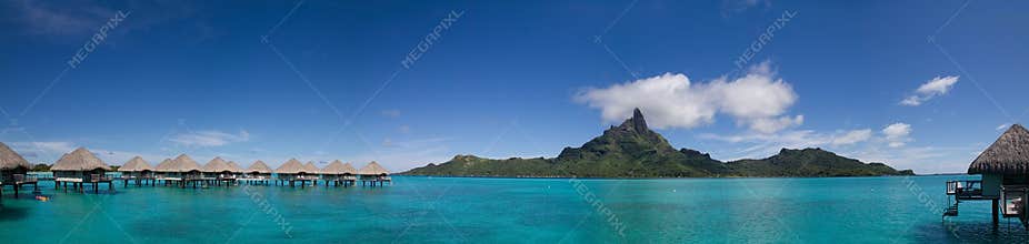 Panorama of Bora Bora with Overwater Bungalows