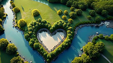 Aerial view of heart-shaped island surrounded by serene blue waters. Nature