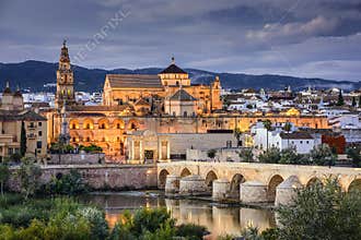 Cordoba, Spain at the Roman Bridge and Town Skyline