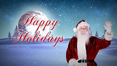 Santa waving at camera with happy holidays message