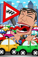 Caricature Businessman Screaming Traffic Jam