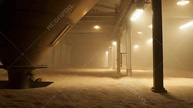 Grain silo interior with dusty atmosphere and storage equipment
