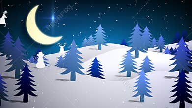 Cut out fir tree forest and flying santa