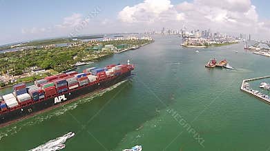 Container ship enters the Port of Miami aerial view