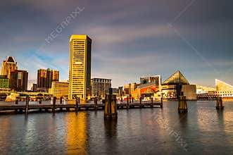 Evening light on the Baltimore skyline, seen from the Inner Harbor.