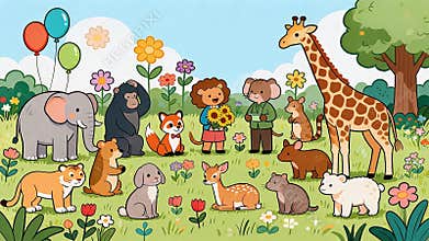 Cute Cartoon Animals Gathering in a Colorful Forest Meadow with Flowers and Balloons