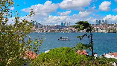 Ferry and Istanbul Bosphorus cityscape with trees and blue sky