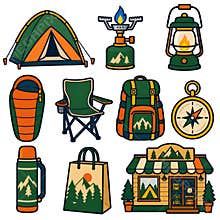 Camping Shop Colored Icon Set with Tent Backpack Lantern and Storefront