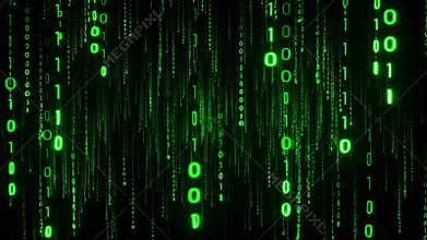 descending binary code on dark background with 0s and 1s in green and black, technological digital motion graphics for