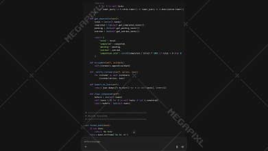 Abstract software syntax lines scrolling through dark artificial intelligence screen
