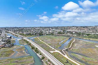 Aerial view of Cardiff by the Sea, beach community in the incorporated city of Encinitas in San Diego County, California
